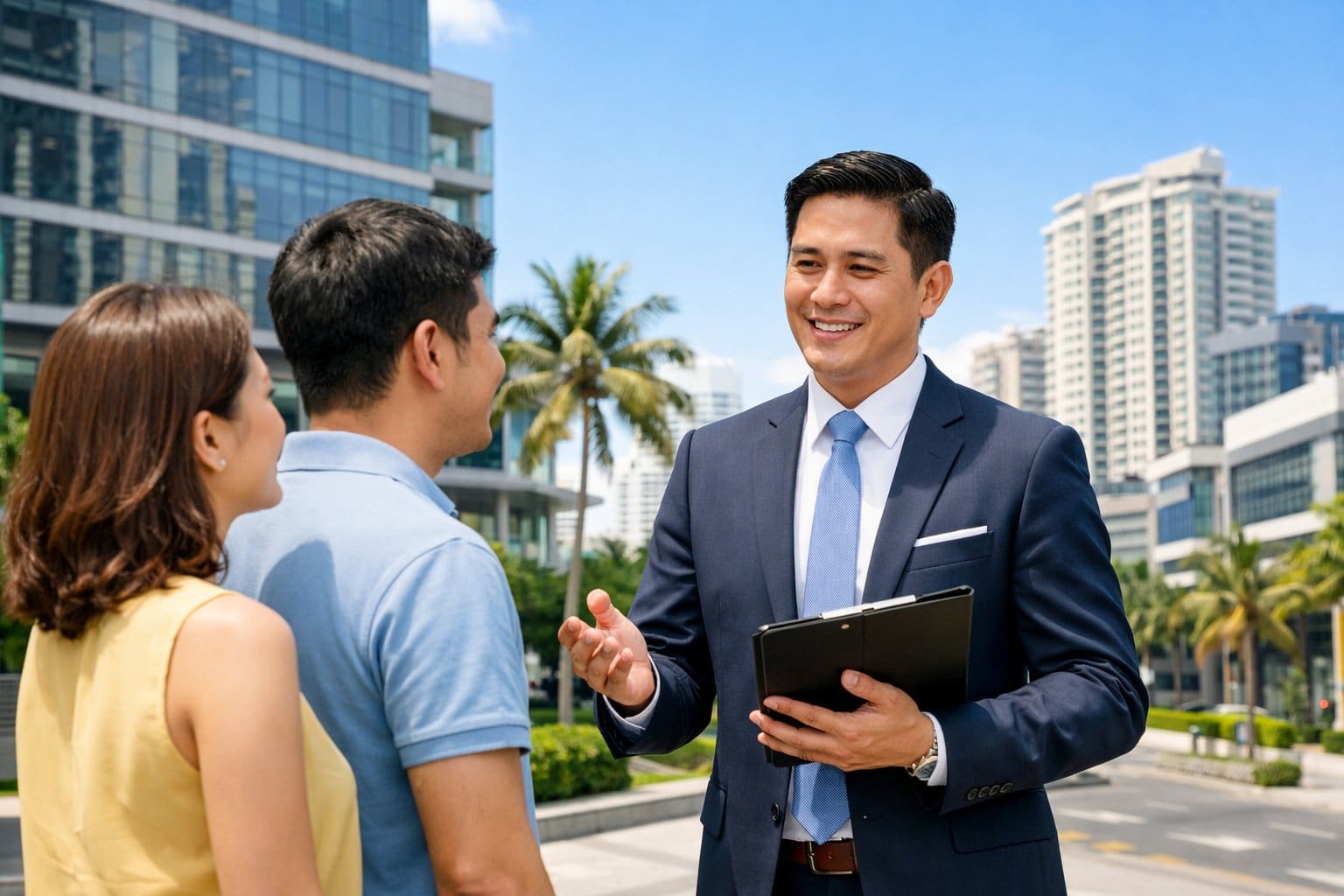 A real estate broker talking with clients outside a modern office building in a tropical city.