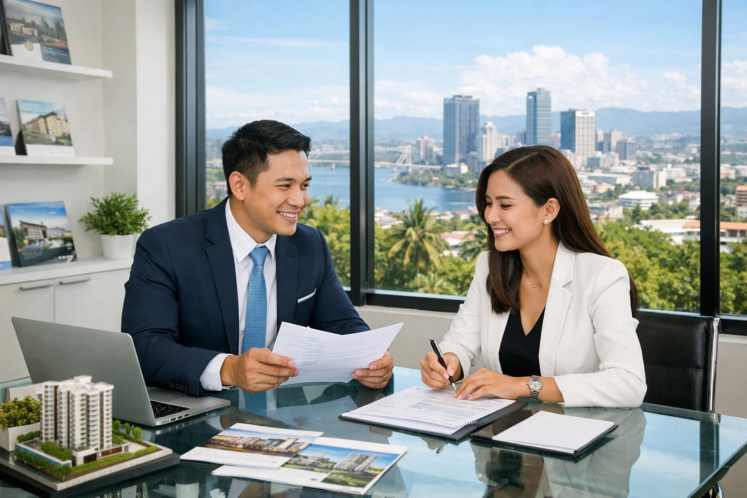 Two real estate agents discussing property documents in a modern office with a view of Cebu city skyline.
