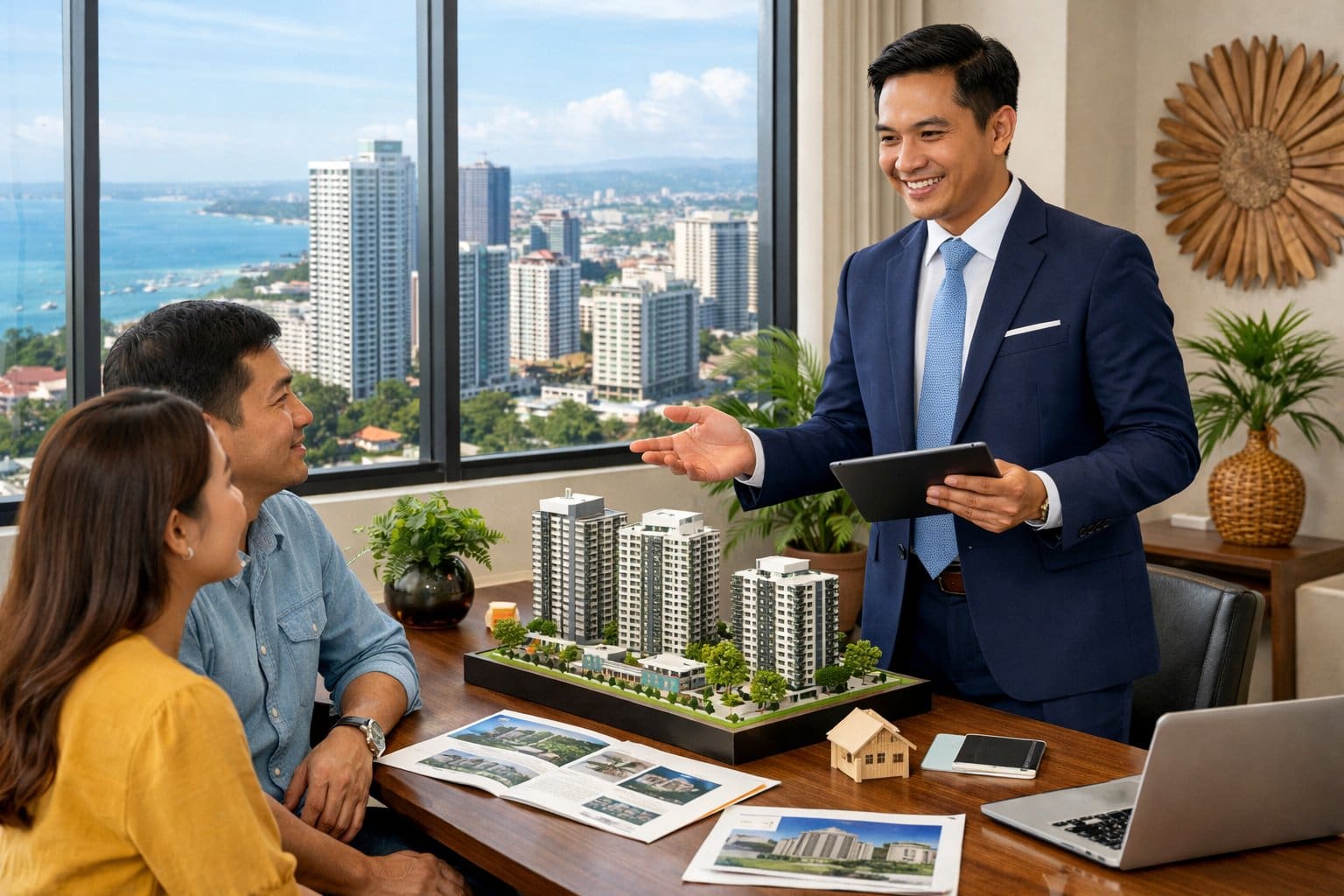 A real estate broker talking to clients in a bright office with a view of the Cebu city skyline and coastline.