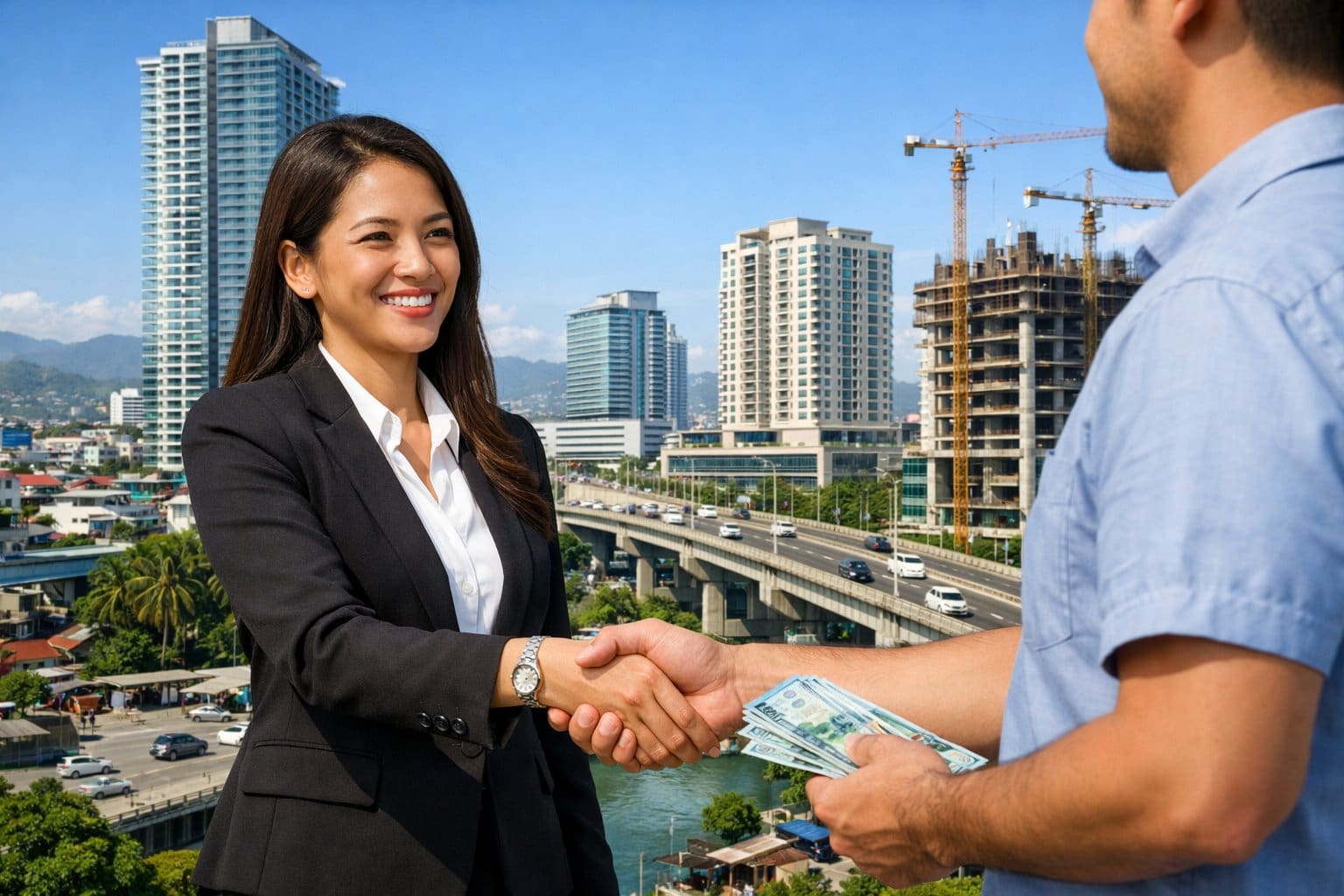 A real estate agent shaking hands with a client holding cash in front of modern buildings and city infrastructure in Cebu.