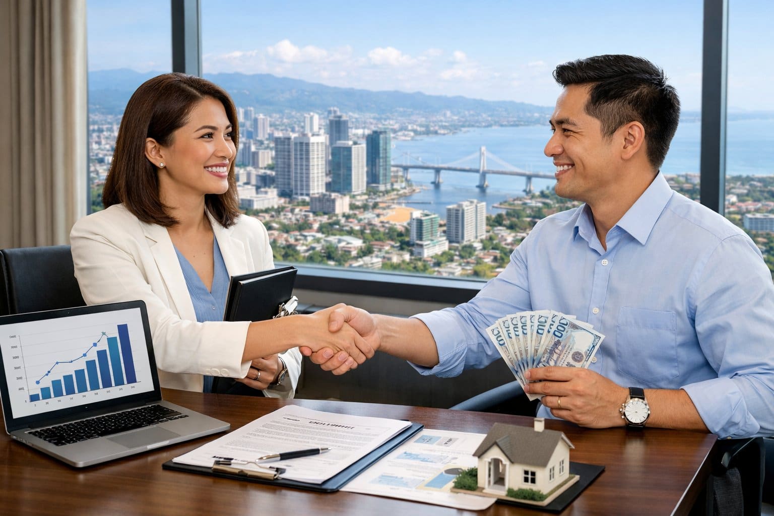 Two business professionals shaking hands in an office with property documents and a city view in the background.