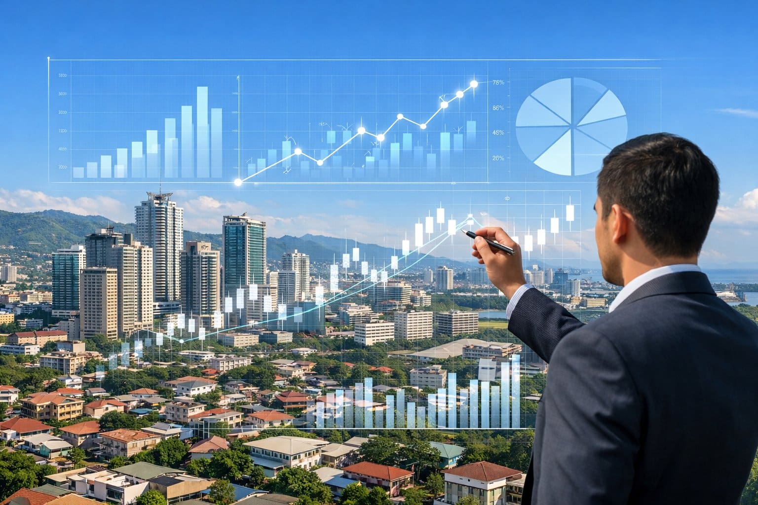 A business professional analyzing digital data charts over a cityscape of Cebu with various buildings under a clear sky.