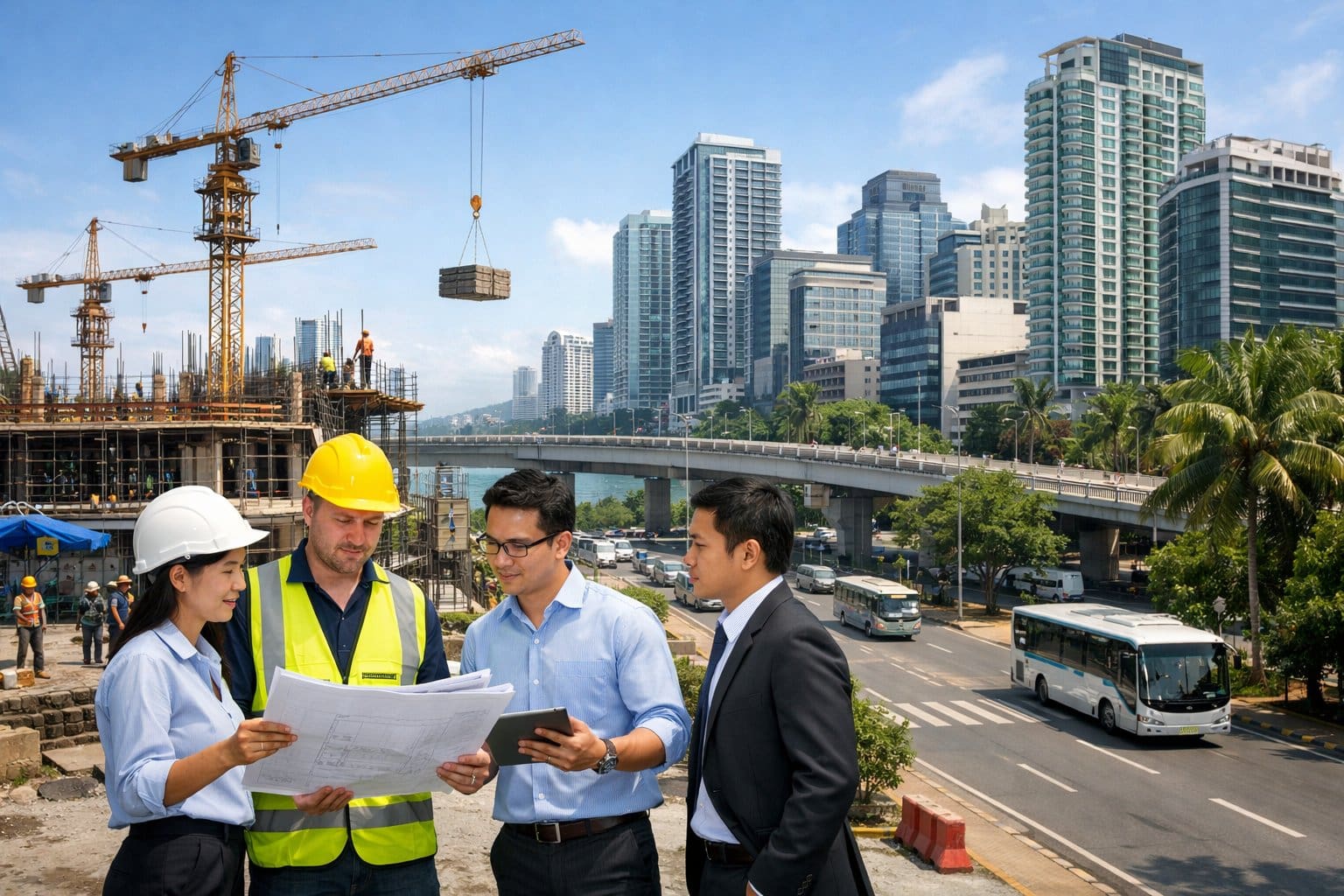 Cityscape of Cebu with modern buildings, construction sites, professionals discussing plans, and visible infrastructure like roads and bridges.