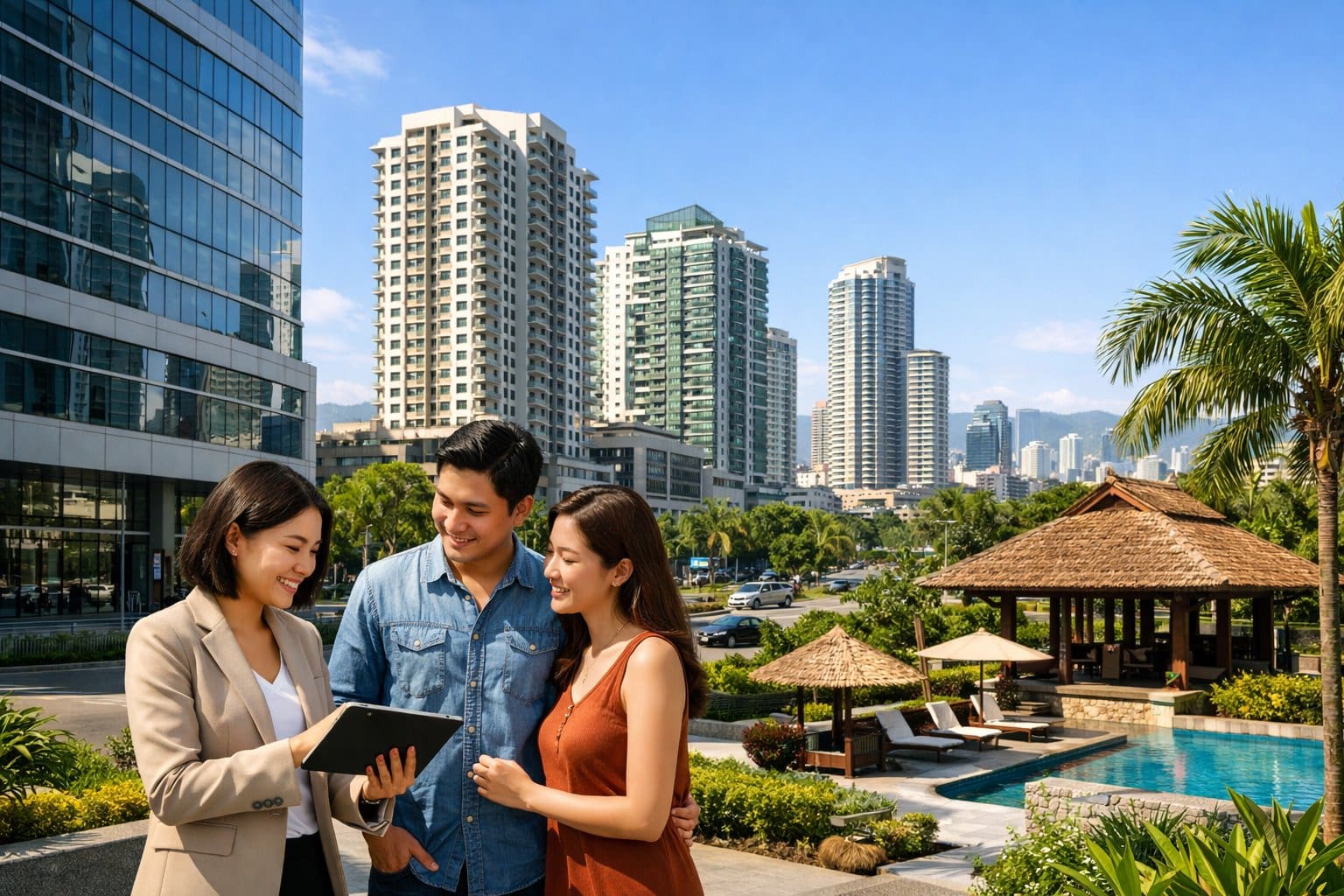 A group of people discussing real estate in front of modern high-rise buildings in a city.