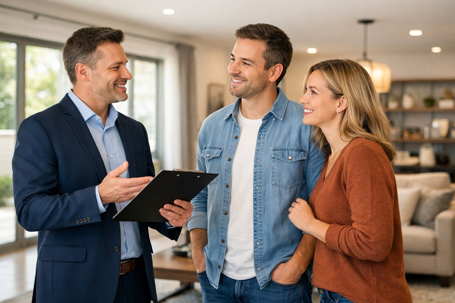 A real estate agent talking with a couple inside a bright, modern living room after a home viewing.