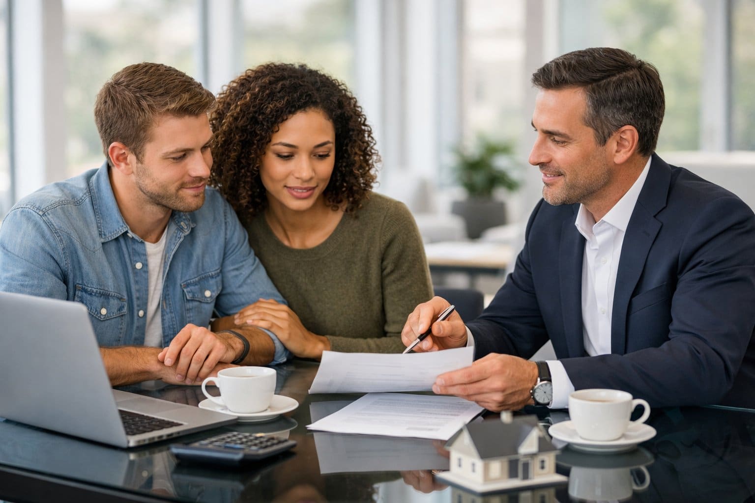 A couple consulting with a real estate agent at a glass table, reviewing documents in a bright office.