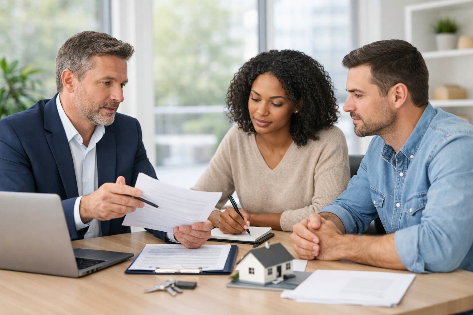 A group of people in a modern office discussing real estate documents during a meeting.