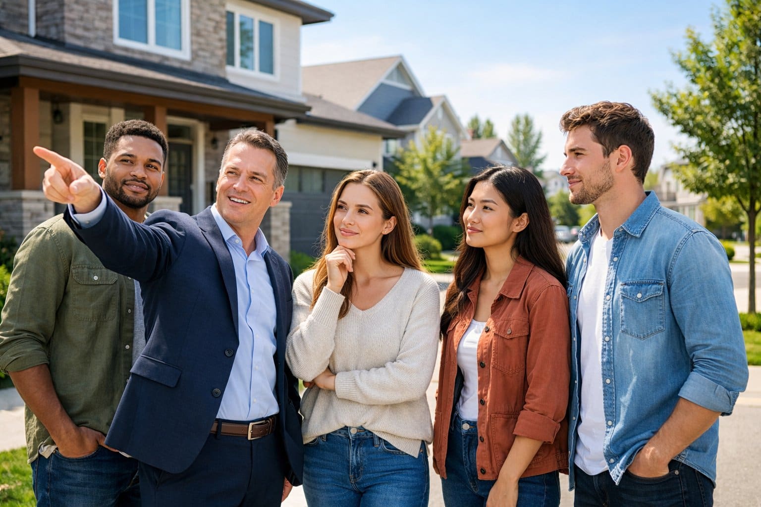A group of people talking with a real estate agent outside a suburban house, looking thoughtful and engaged.