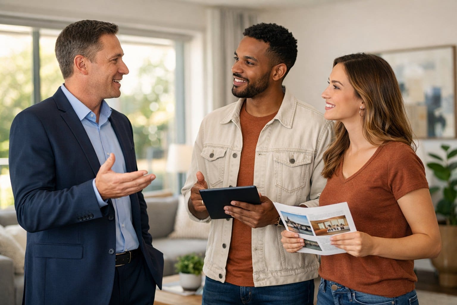 A real estate agent talking with a young couple inside a bright, modern living room after a house viewing.