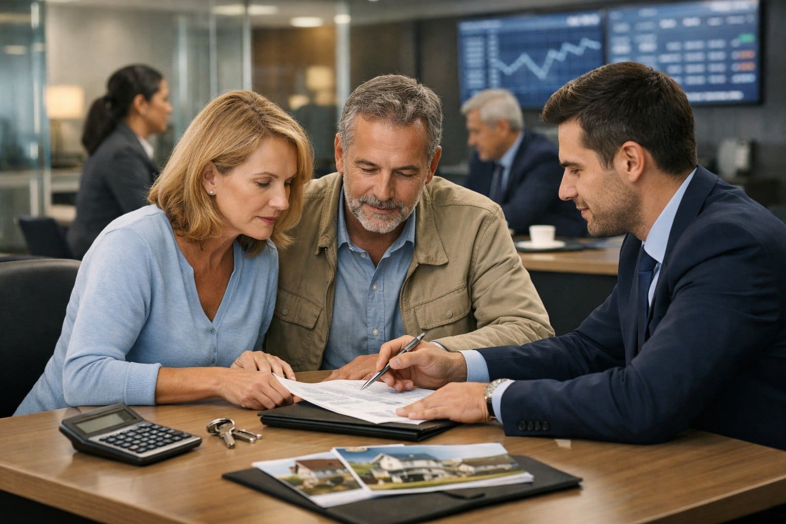 People discussing documents with a bank officer inside a modern bank, representing the process of bank approval for property purchases.