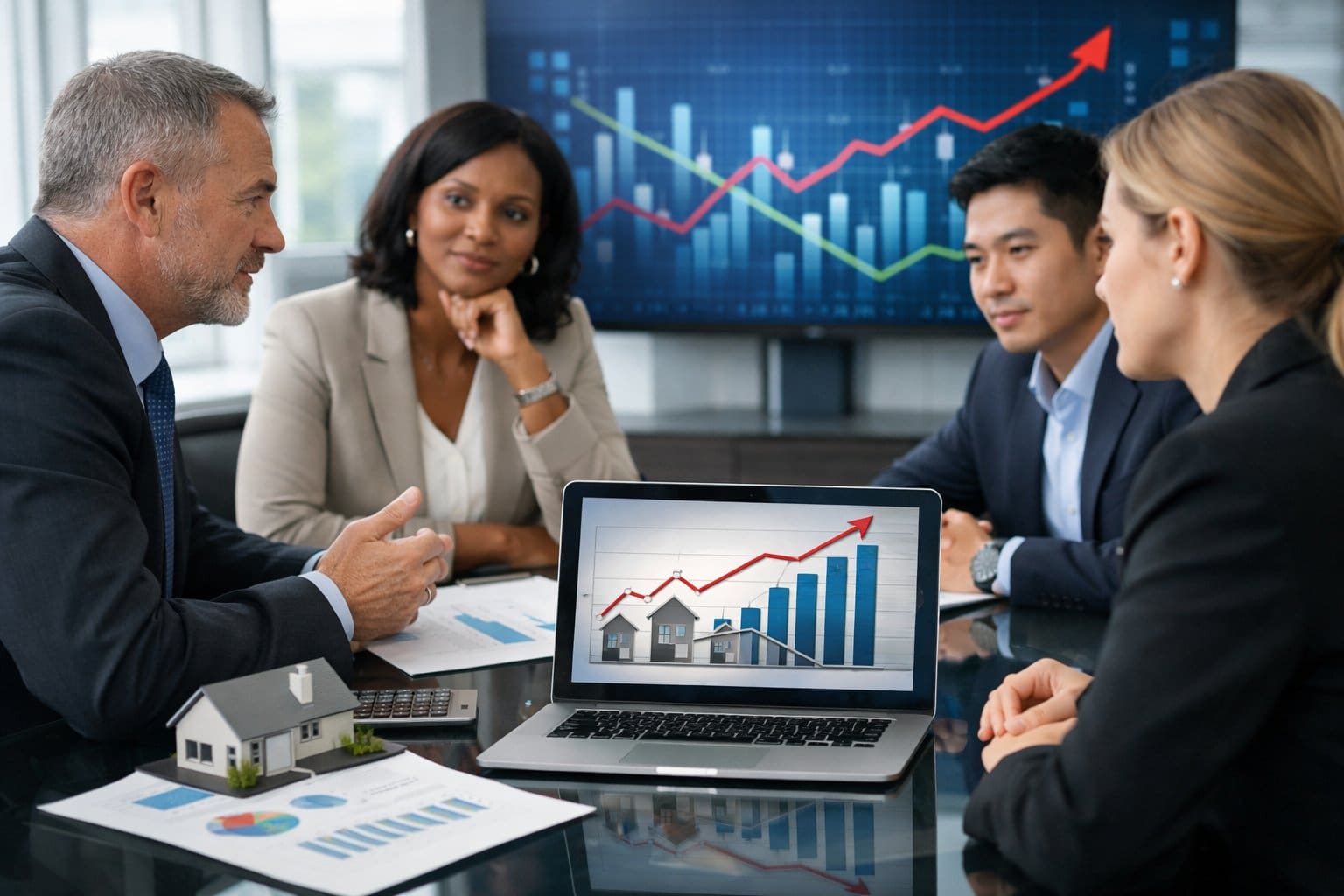 People in a modern bank office discussing financial charts and documents related to property purchases and interest rates.