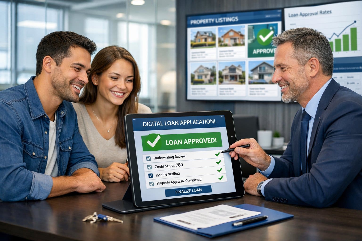 A banker and a young couple reviewing a bank app on a tablet in a modern office with digital screens showing property and approval information.