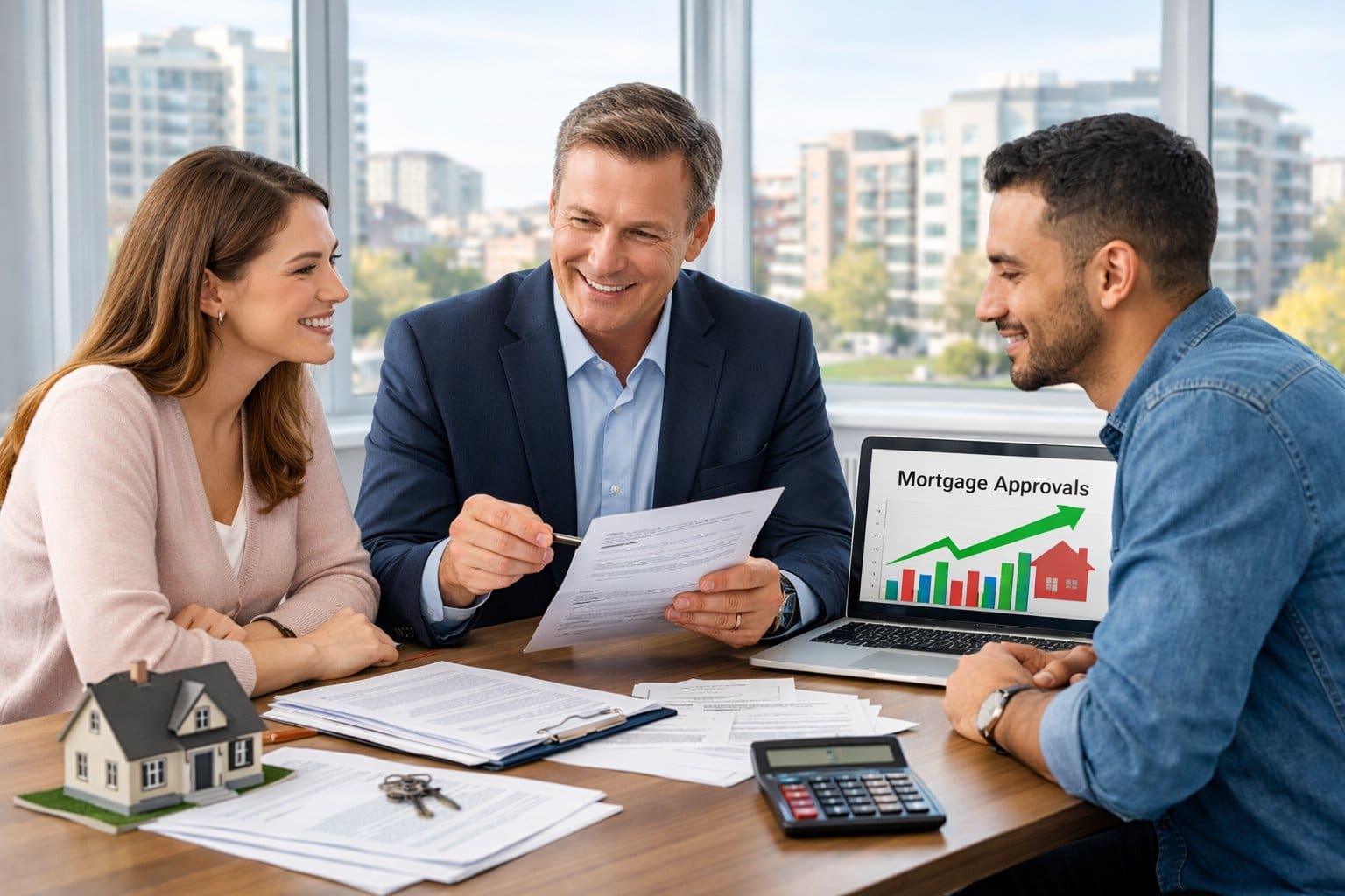 A real estate agent talks with a young couple at a desk with paperwork and a laptop in a bright office overlooking city buildings.