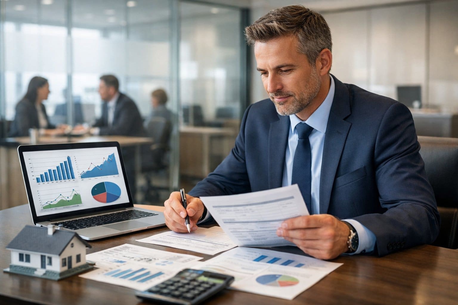 A business professional reviewing financial documents and a laptop in a modern bank office with clients in the background.