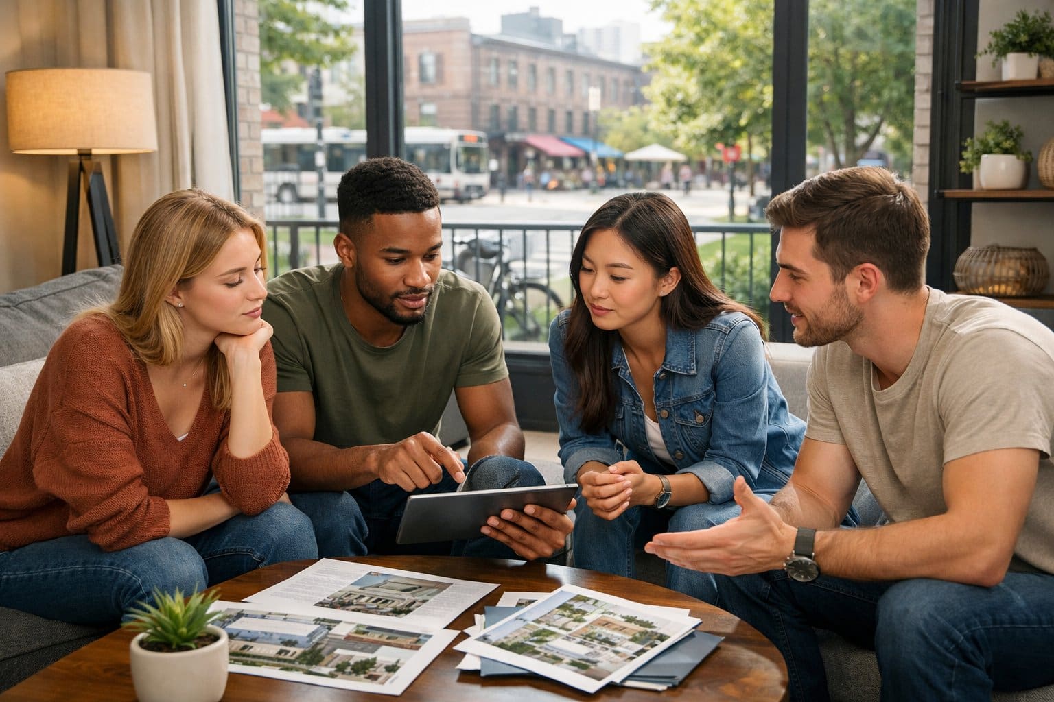 A diverse group of young renters discussing apartment features in a bright living room with large windows showing an urban neighborhood outside.