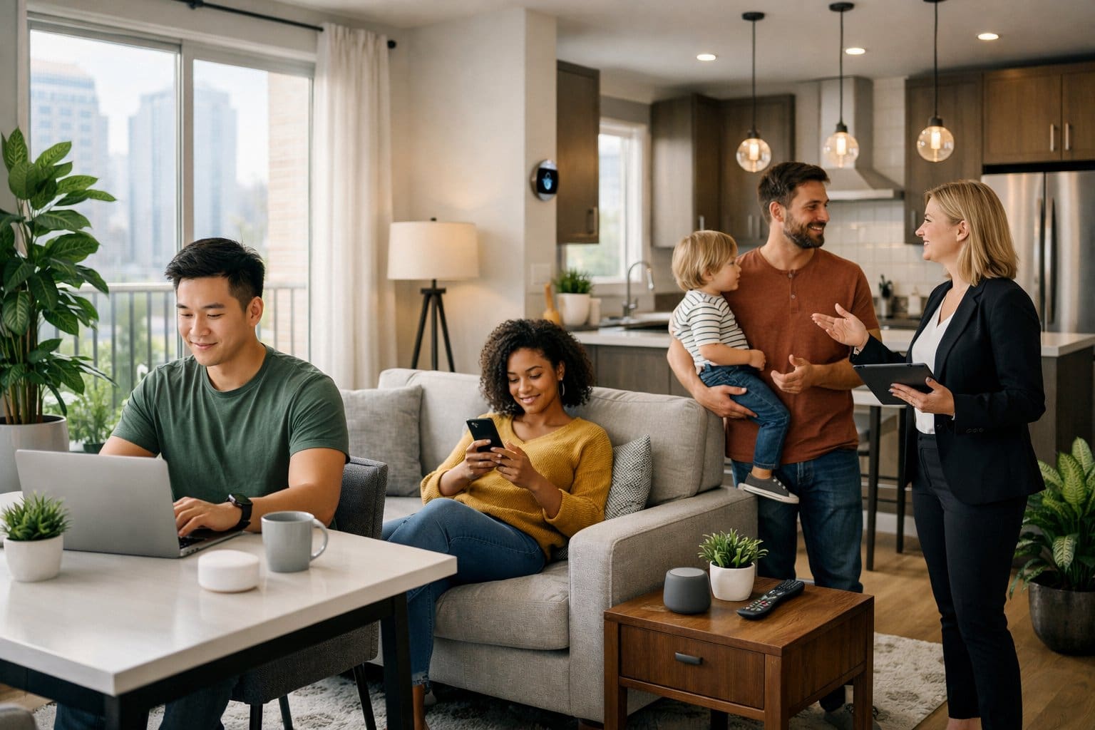 A diverse group of people in a modern apartment using technology and interacting, showcasing lifestyle features renters look for beyond location.