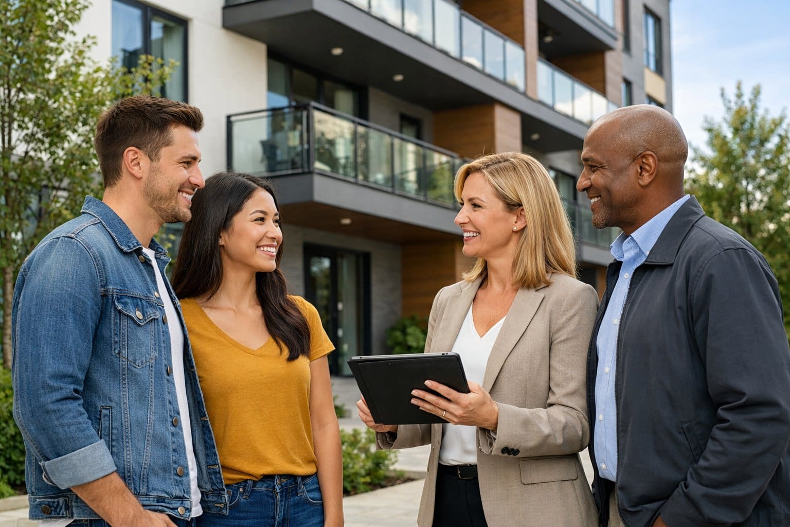 A group of people talking outside a modern apartment building, with one holding a clipboard, symbolizing renters insurance and tenant-landlord interaction.