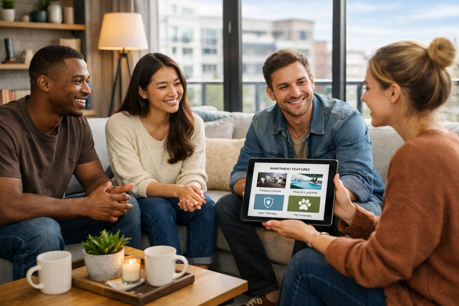 A diverse group of young adults discussing apartment features inside a modern living room.