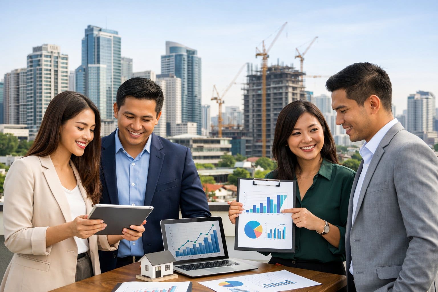 A group of Filipino business professionals discussing real estate in front of a city skyline with modern buildings and construction cranes.
