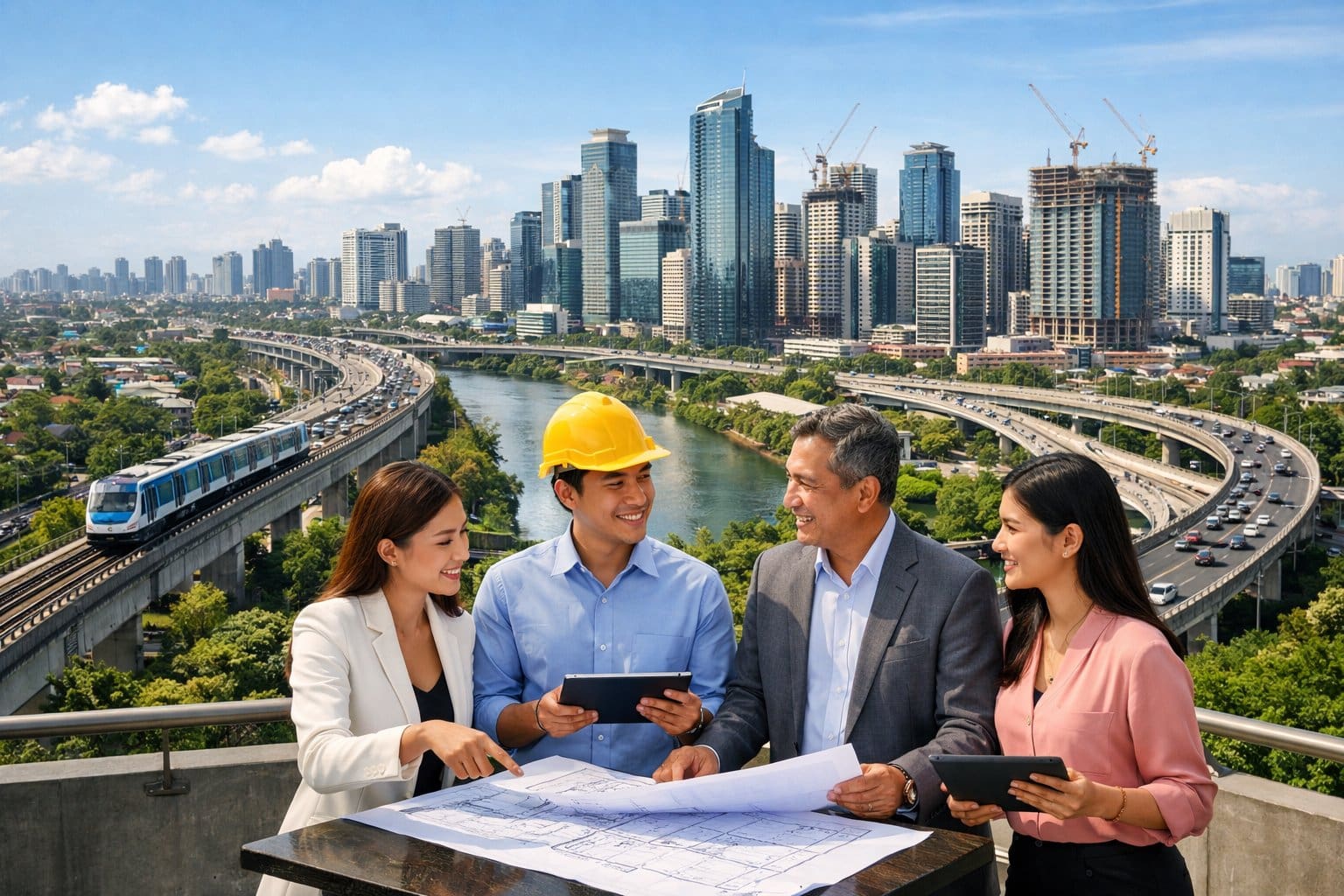 A cityscape in the Philippines showing buildings, highways, and professionals discussing real estate plans outdoors.