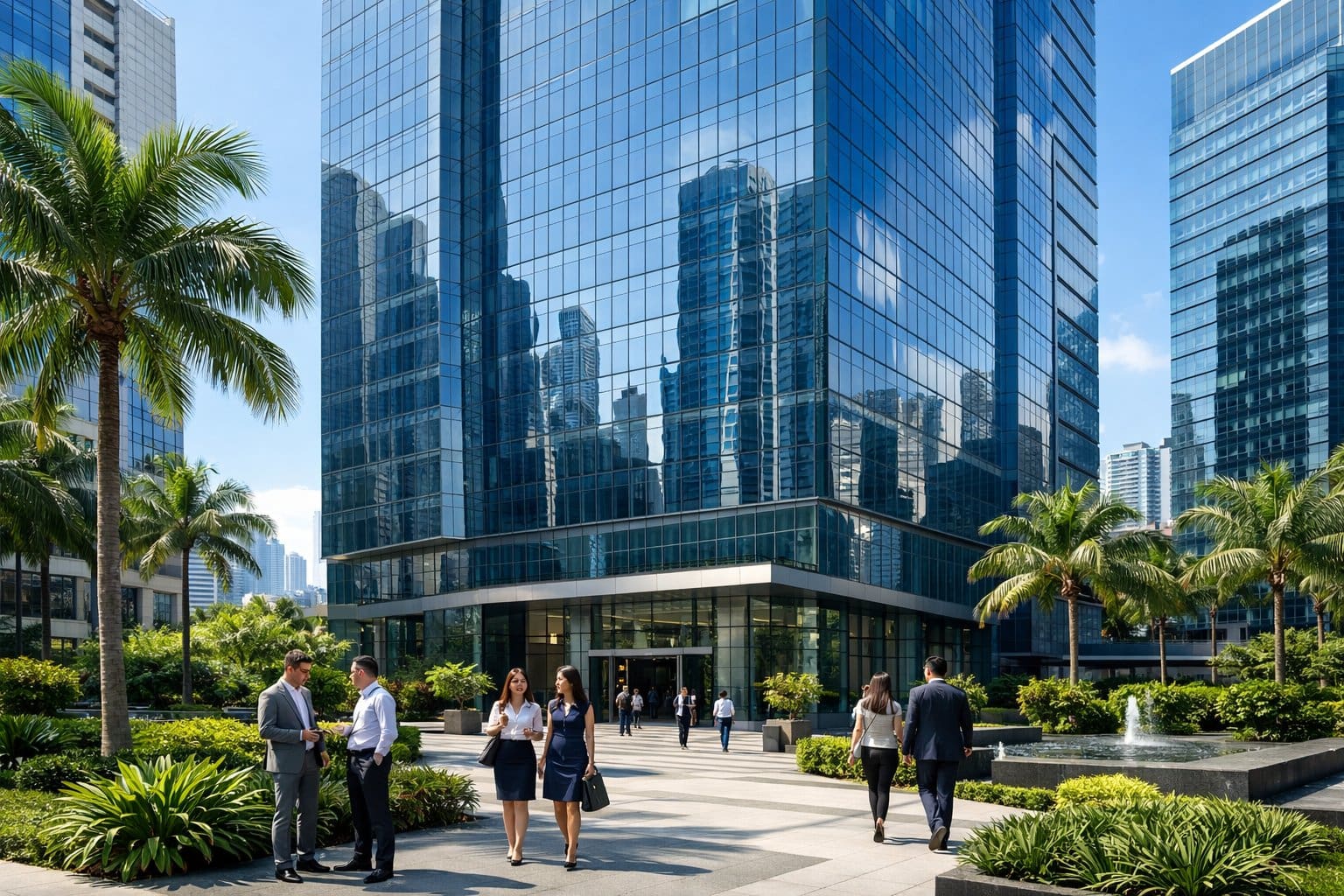 Modern glass office building with people walking nearby and tropical plants in an urban business district.