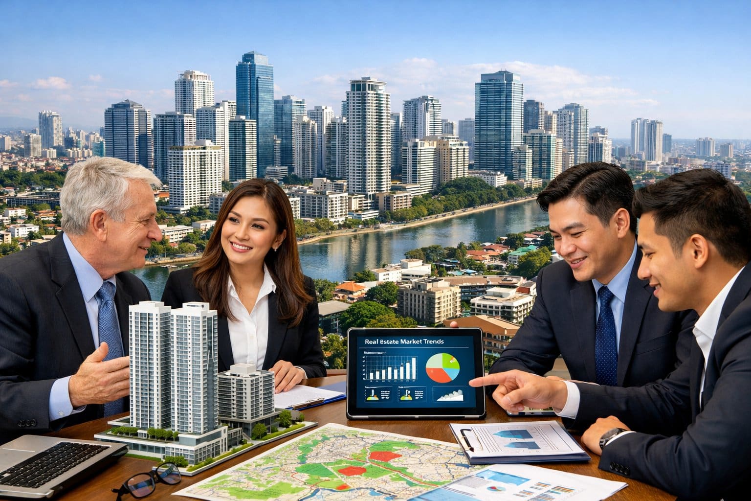 Business professionals discussing real estate investment with a city skyline of Manila and building models in the background.