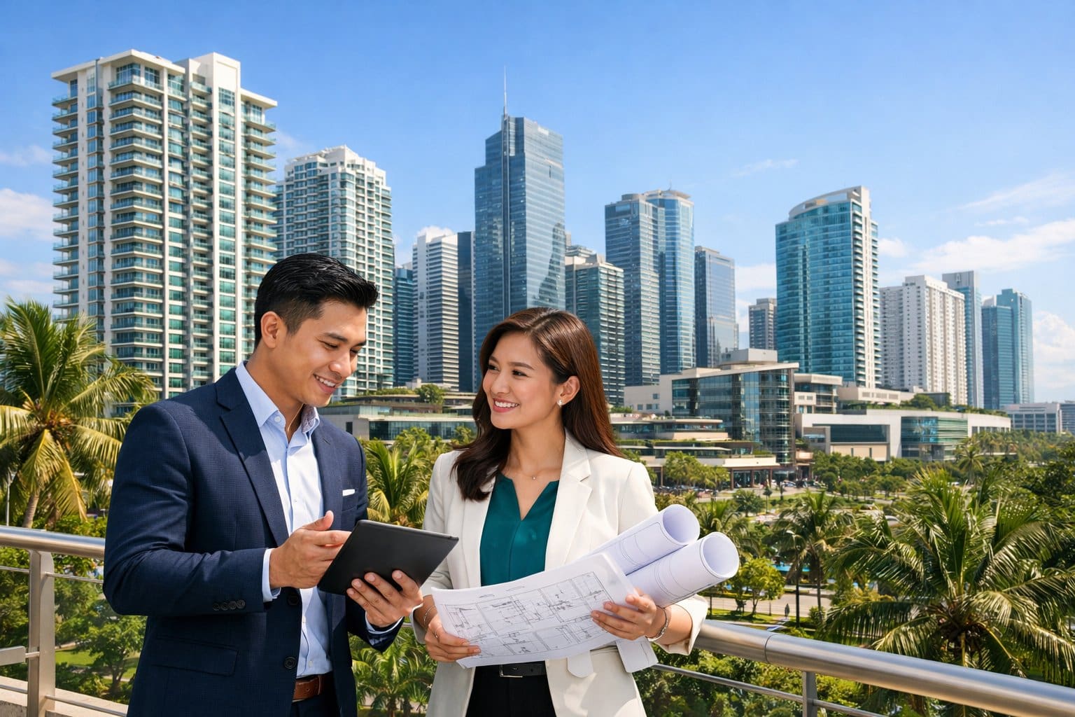 A city skyline with modern buildings and real estate professionals discussing plans outdoors in a tropical urban setting.