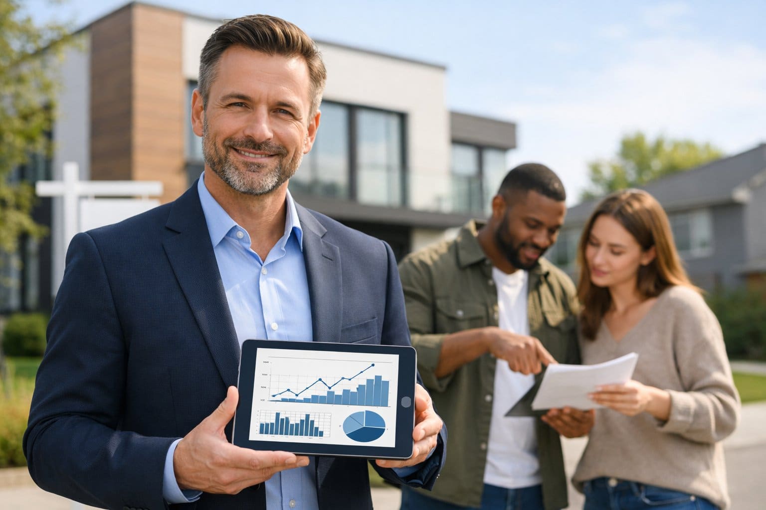 A real estate agent discussing pricing details with a couple outside a modern house on a sunny day.