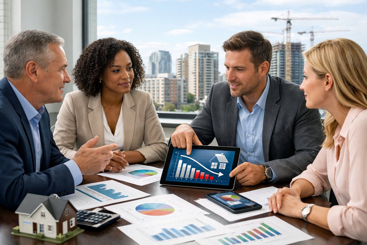 A group of real estate agents and sellers discussing market data around a table with city buildings visible through a large window.