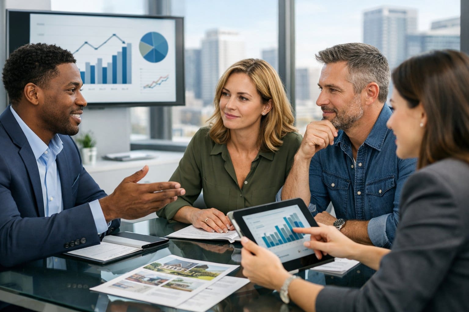 A group of real estate agents and clients discussing property listings around a table in a modern office with a city view.