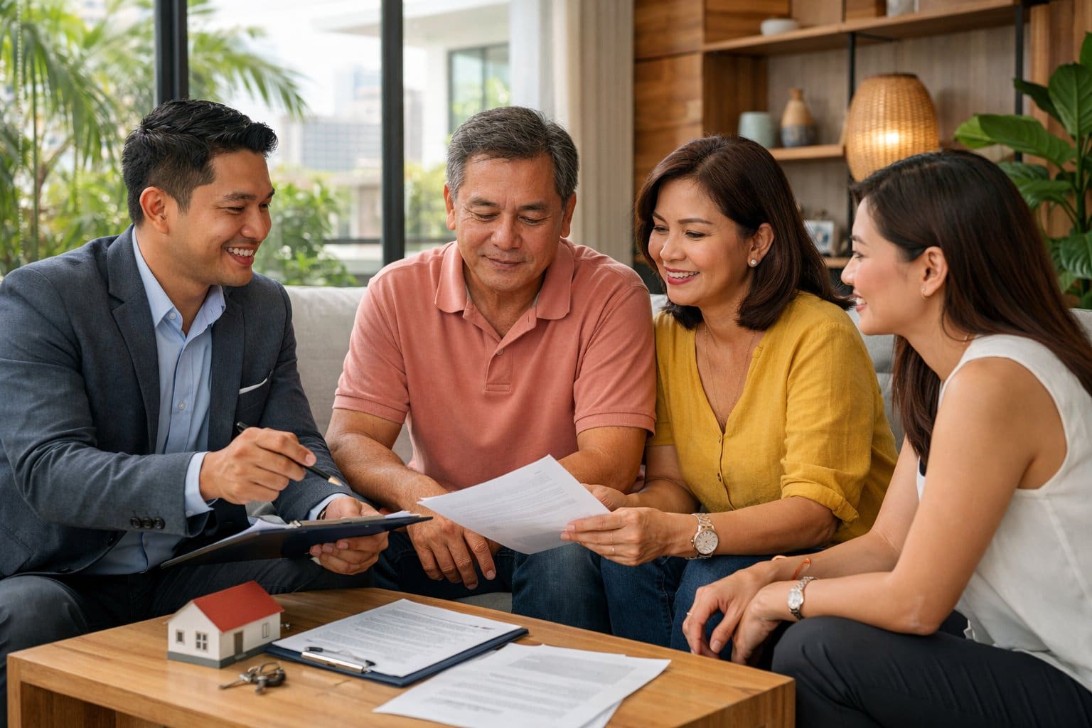 Filipino adults talking together inside a modern condo with natural light and tropical plants.
