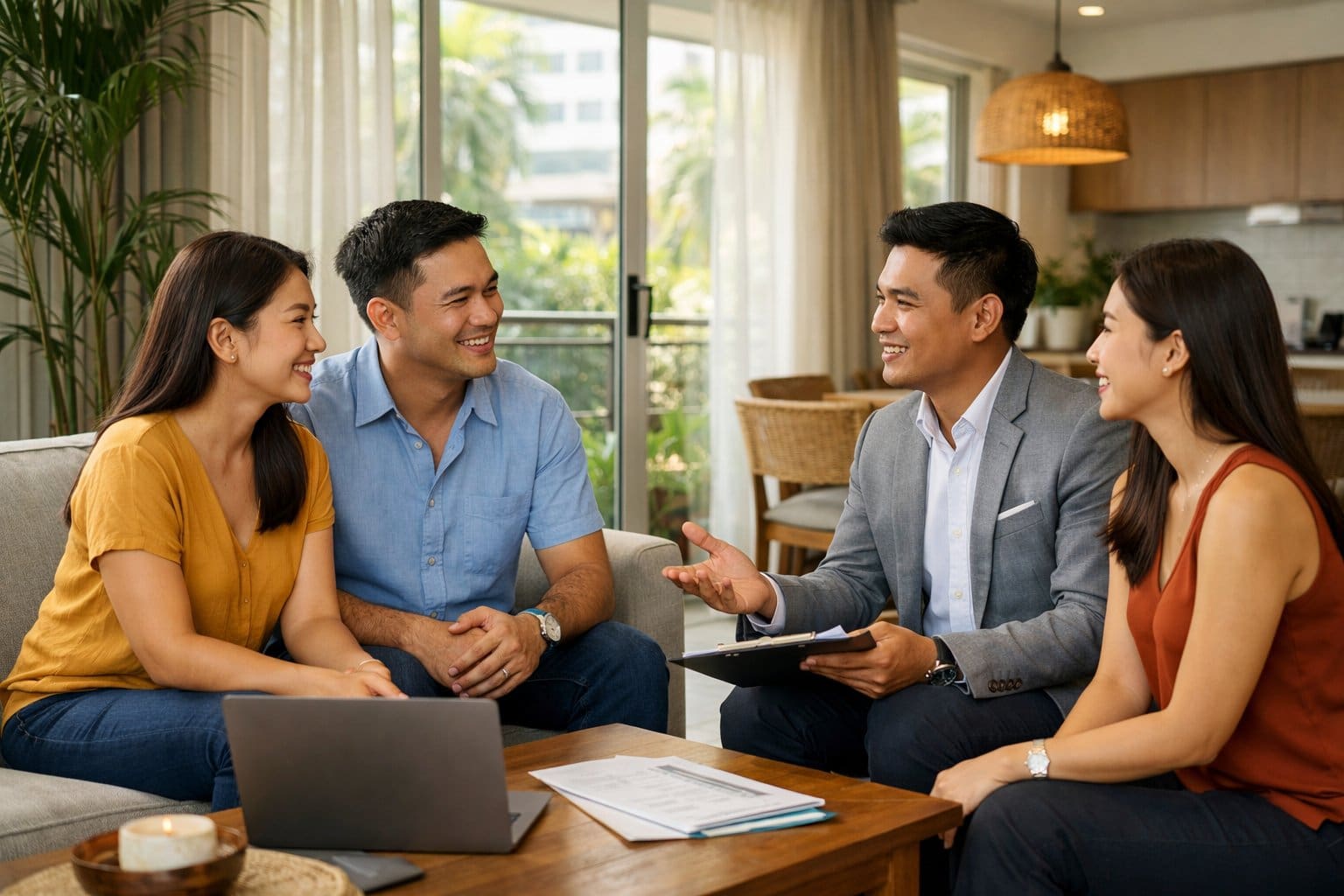 Filipino people having a friendly conversation inside a modern condo with natural light and contemporary furnishings.