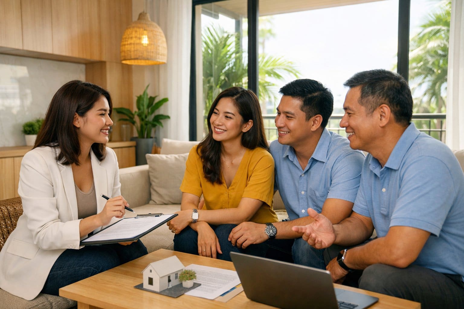 A group of Filipino people having a friendly conversation inside a modern condo with natural light coming through the windows.