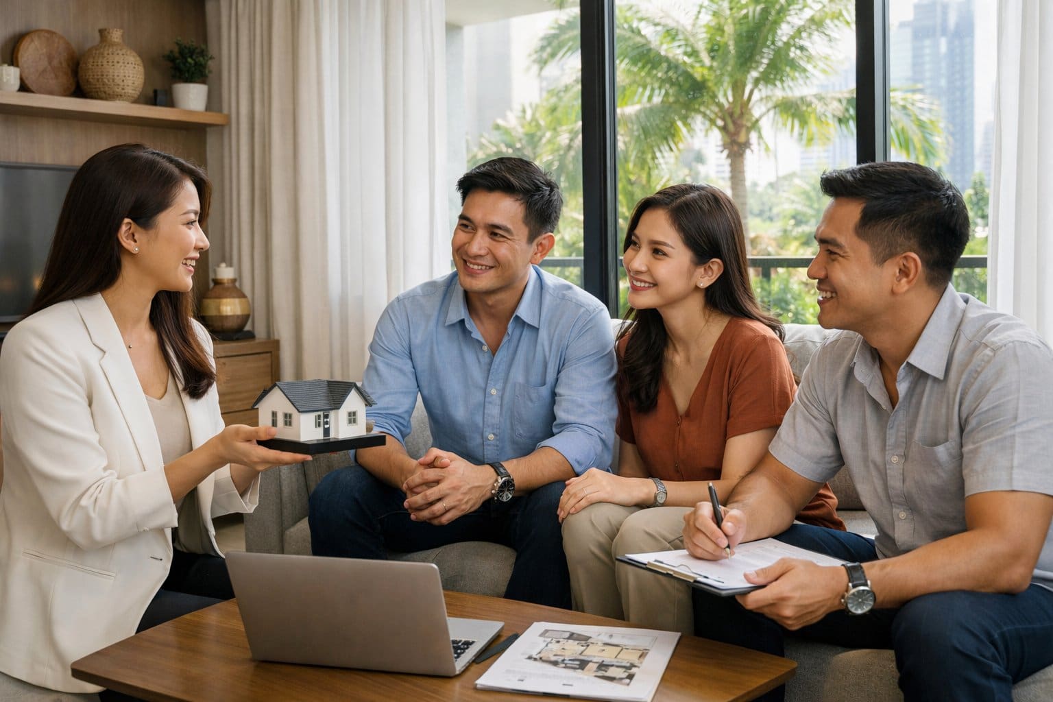 Filipino adults having a candid conversation in a modern condo living room with natural light.