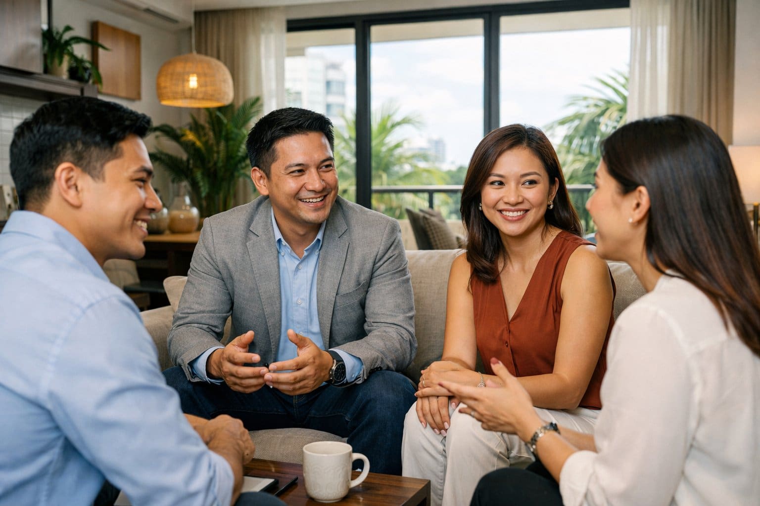 Filipino adults having a friendly discussion inside a modern condo with natural light coming through large windows.