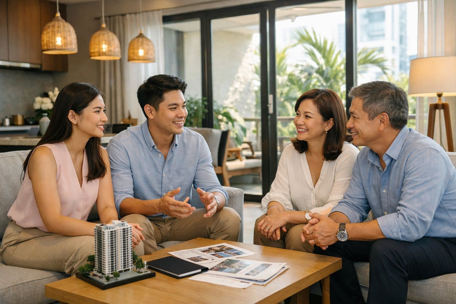 A group of Filipino people having a casual discussion inside a modern condo in the Philippines.