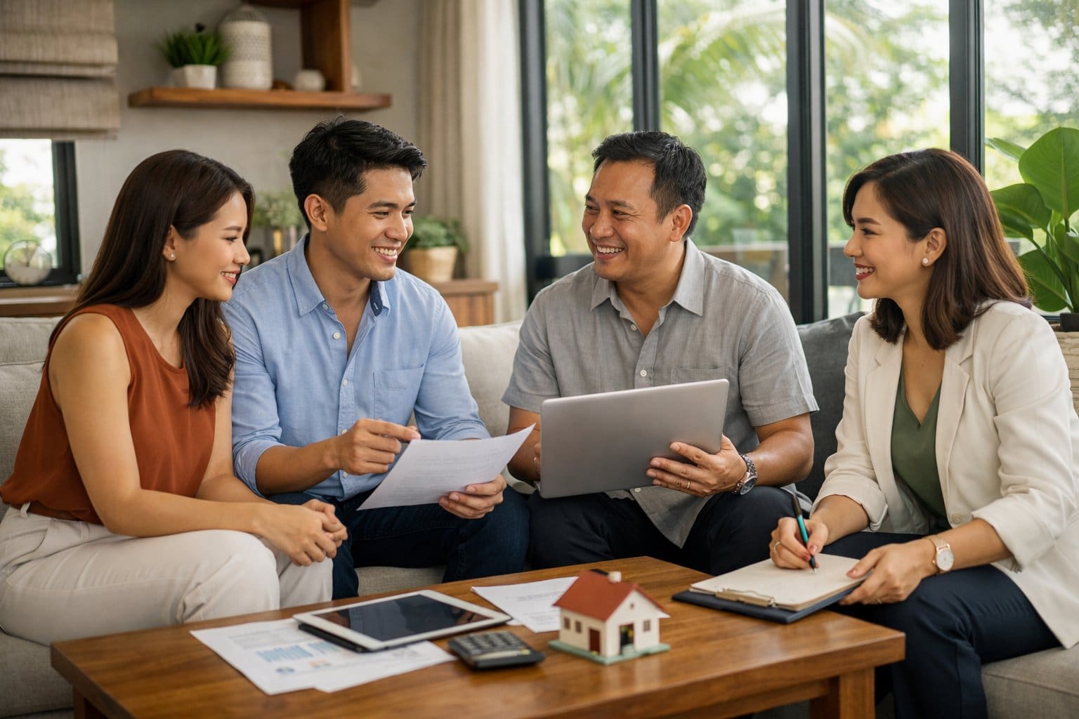 A group of Filipino people having a discussion inside a modern condo with natural light and tropical plants.