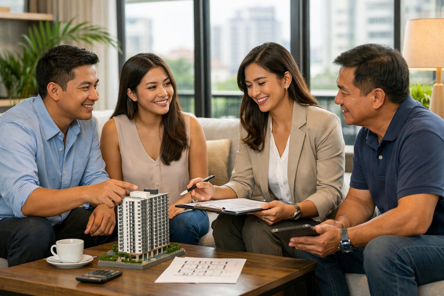 Filipino people having a discussion inside a modern condo living room in the Philippines.