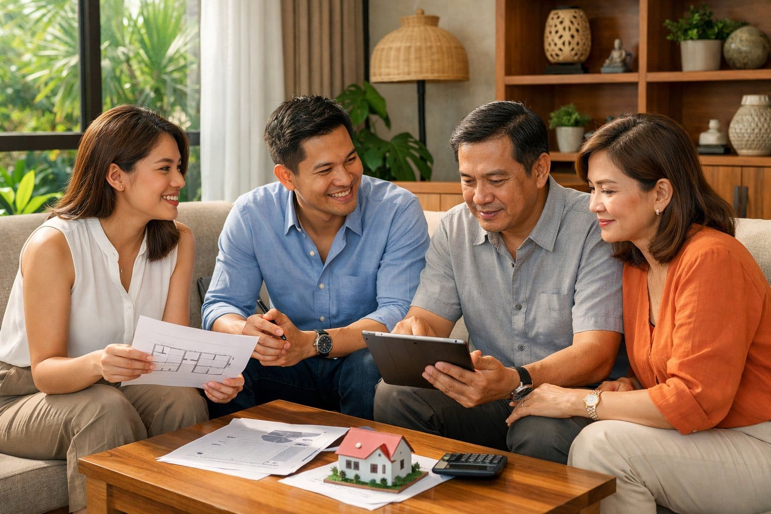 Filipino people discussing property investment inside a modern condo with natural light and tropical plants.