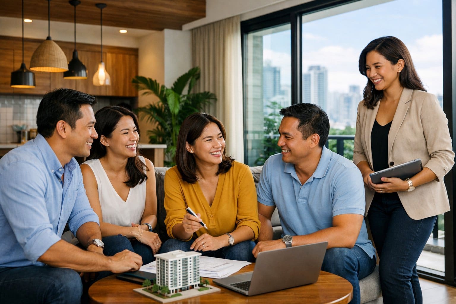 Filipino adults having a candid conversation inside a modern condo with tropical plants and natural light.