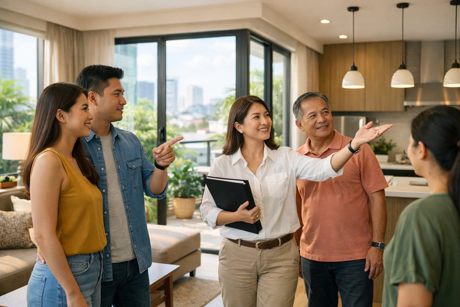 Filipino people attentively viewing a modern condo interior in the Philippines, with natural light and a warm, welcoming atmosphere.