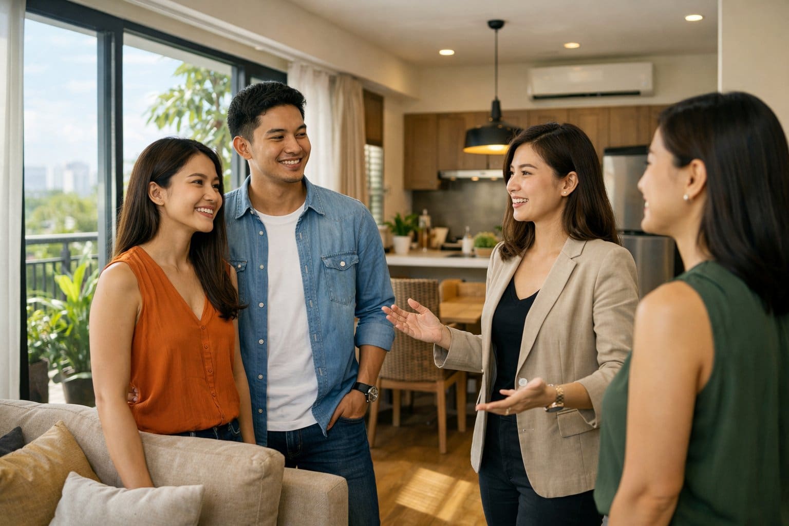 Filipino people casually interacting inside a modern condo with natural light and comfortable living spaces.