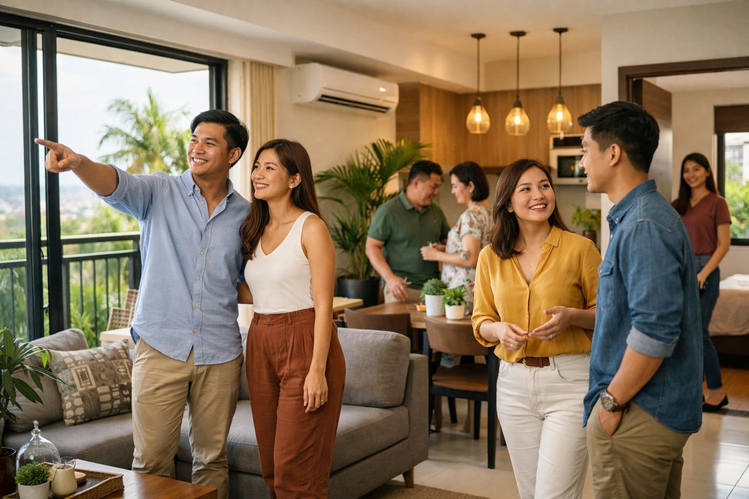 Filipino people casually interacting inside a modern condo living room in the Philippines, exploring the space together.