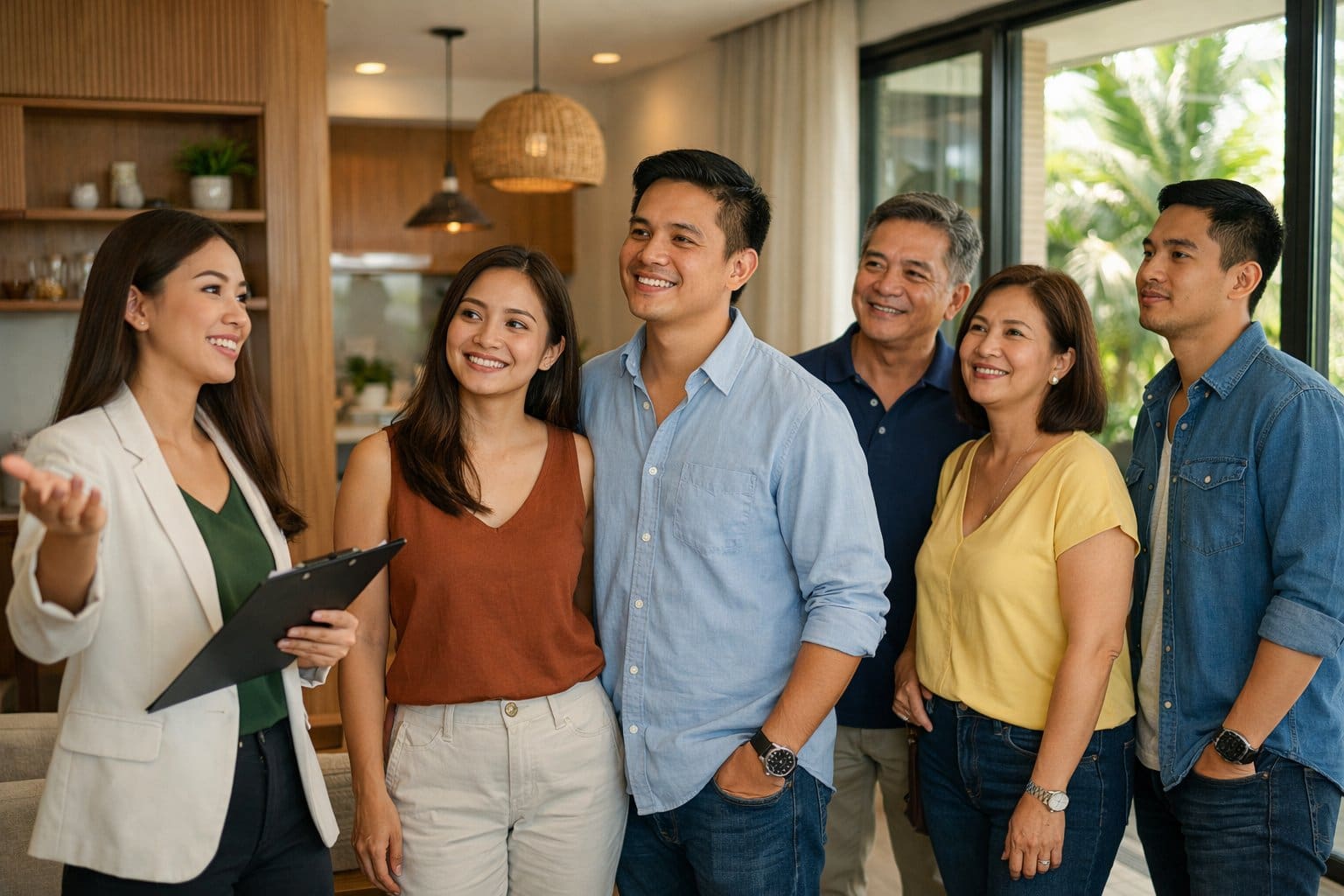 Filipino people inside a modern condo in the Philippines, looking around and discussing the property.
