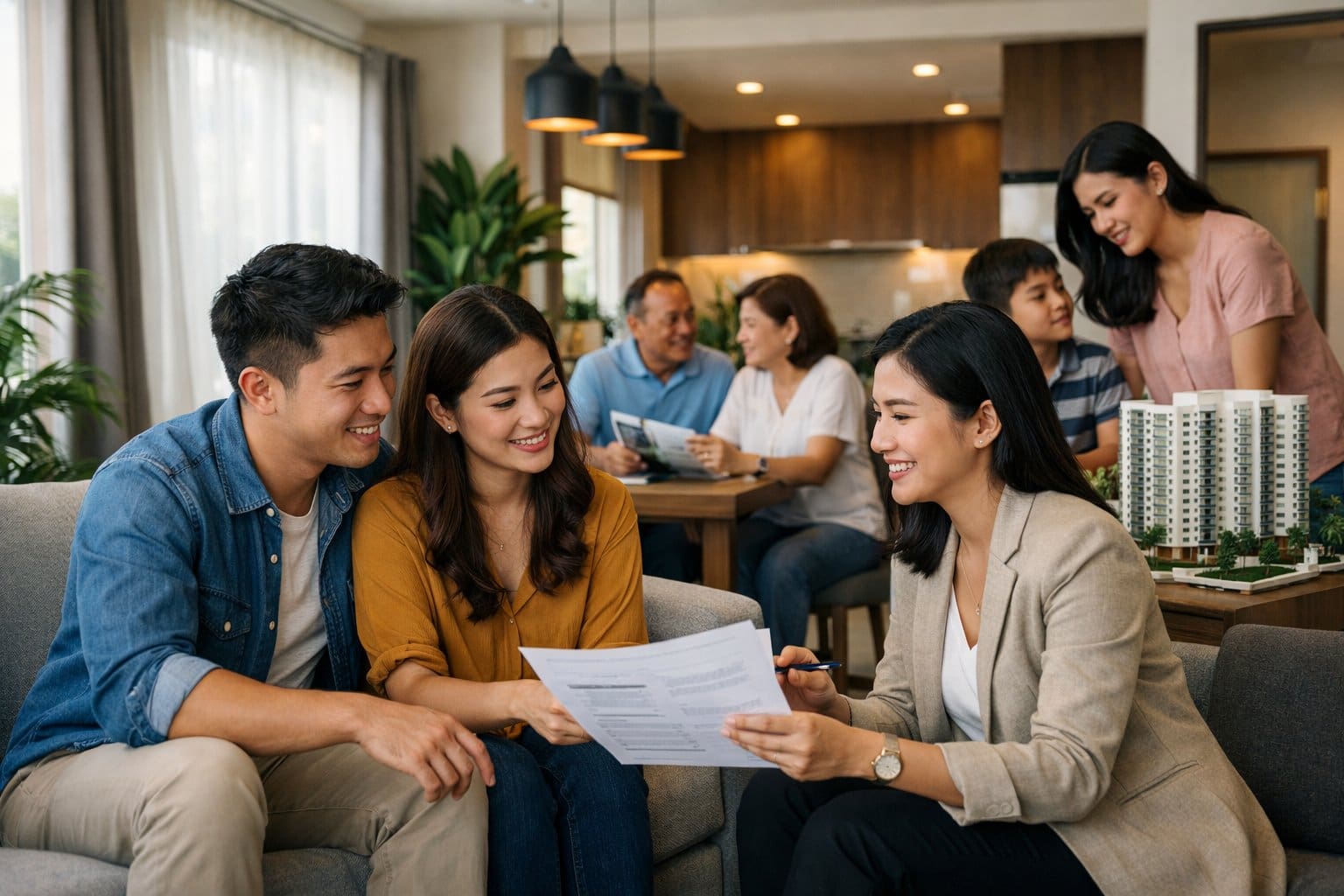 Filipino people interacting inside a modern condo with natural light, engaged in conversation and reviewing documents.
