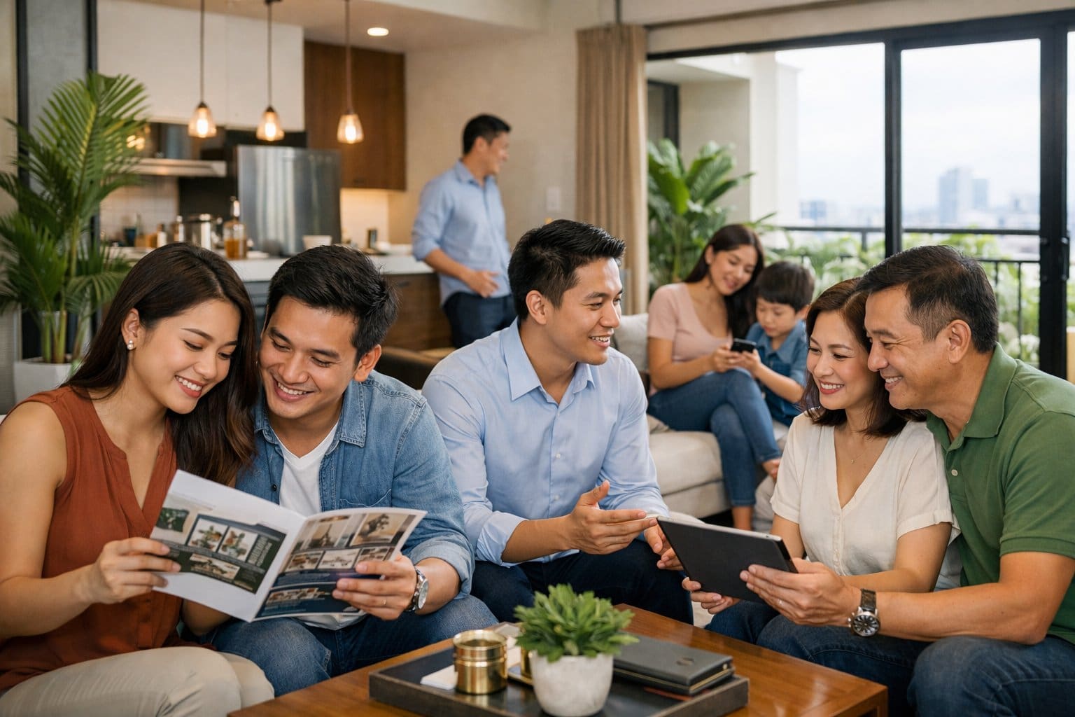 A group of Filipino people gathered inside a modern condo unit, engaging in conversation and looking at brochures in a bright, tropical-lit room.