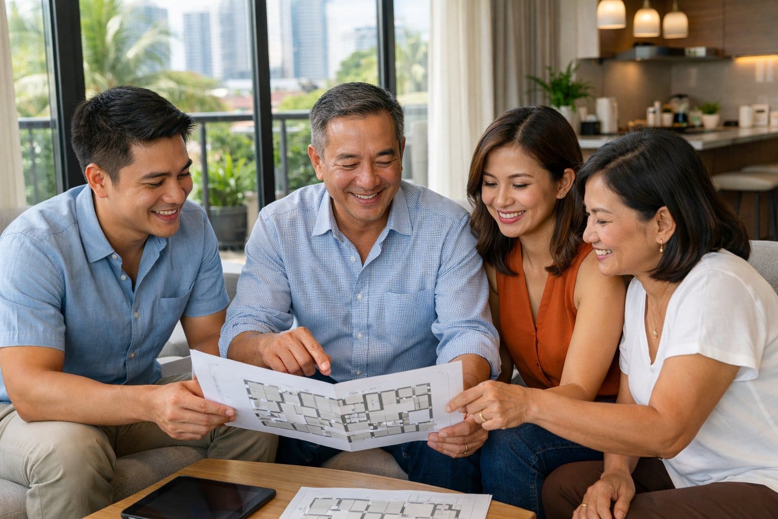 Filipino adults casually discussing floor plans inside a modern condo with natural light coming through large windows.