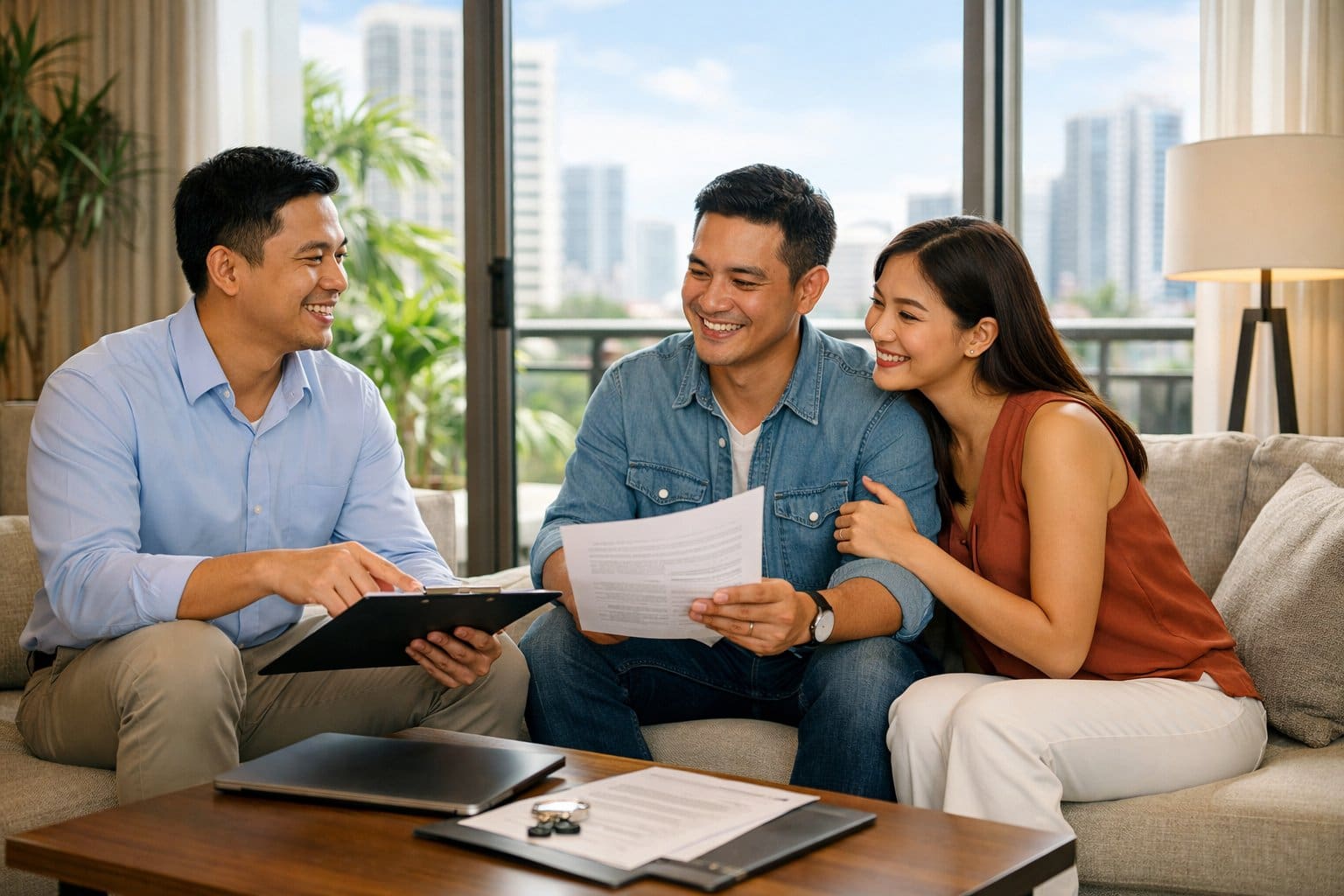 Filipino people having a friendly conversation inside a modern condo with natural light and city views.