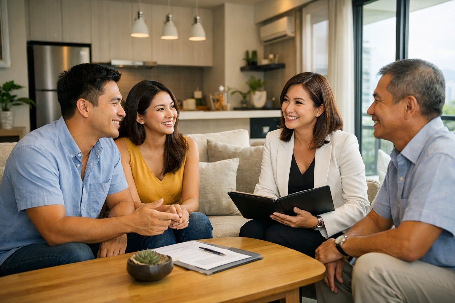 Filipino people having a casual conversation inside a modern condo living room in the Philippines.