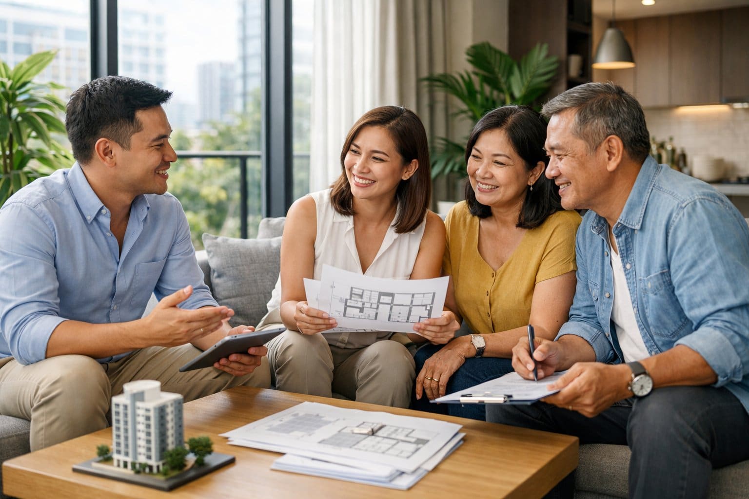 Filipino people having a friendly discussion inside a modern condo with natural daylight.